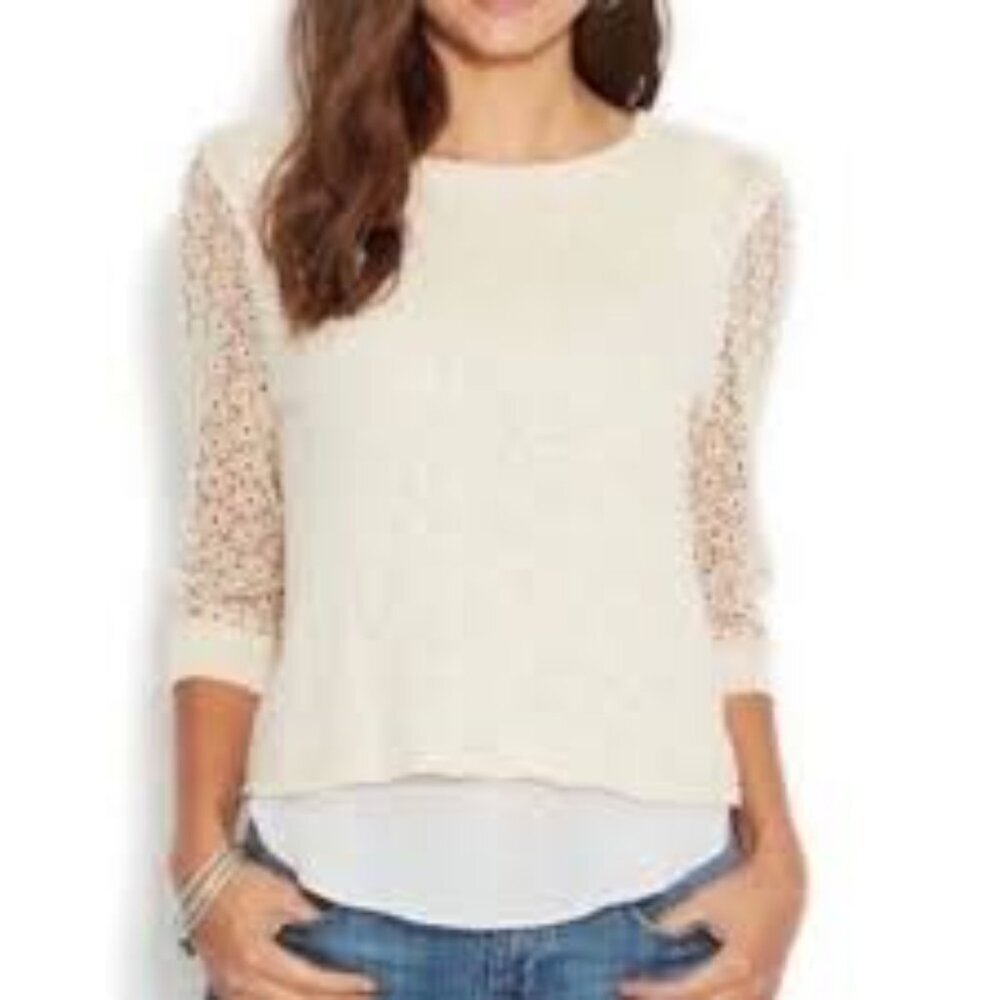 Roz & Ali Cream Crochet Knit Chiffon Trim Sweater - Picture 2 of 8